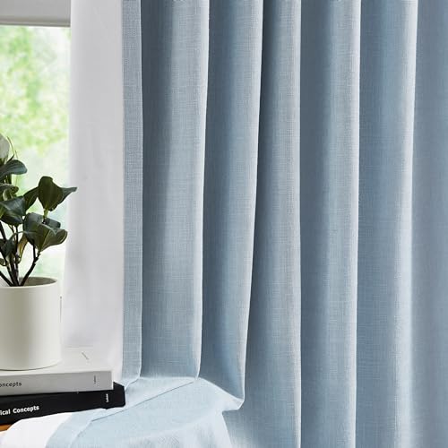 WEST LAKE 90 Inches Length Dusty Blue Pinch Pleated 100 Blackout Curtain Panels with Liners,Linen Textured Drapes for Bedroom Living Room,Energy Efficient Backtab Hooks Window Treatment,40" Wx90 Lx2