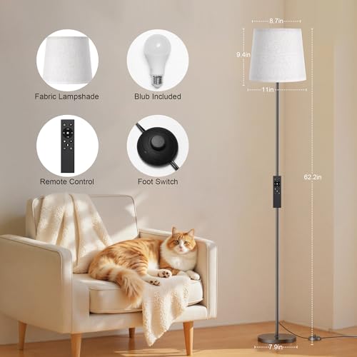Floor Lamp with Linen Shade - 62" Dimmable LED Standing Lamp with Remote Control, 9W E26 Bulb Included, 3000-6000K, Modern Floor Reading Light for Bedroom Living Room Office Corner, Black