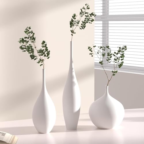Relexome White Ceramic Vase Modern Boho Wabi-Sabi Flower Vase Set of 3 Decorative Aesthetic Vases for Centerpieces Pampas Matte Minimalist Vases for Living Room Table Shelf Home Decor Gift