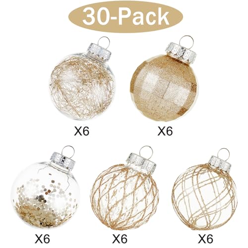 CristBest 30ct Christmas Ball Ornaments-60mm/2.36" Shatterproof Clear Plastic Xmas Balls Baubles Set with Stuffed Delicate Sparkling, Hanging Christmas Tree Decorations(Champagne Gold)