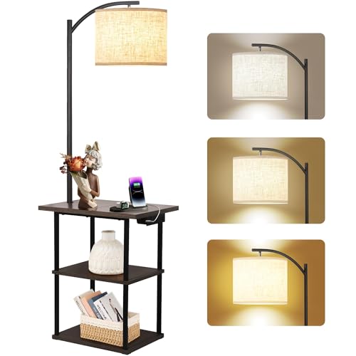 PESRAE Floor Lamp with Table, End Tables with Charging Station(USB & Type-C & AC Port), 3 Color Temperatures 9W LED Bulb, Modern Shelves Side Table for Bedroom, Living Room