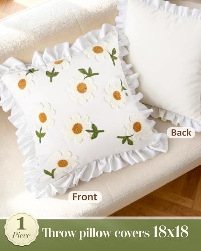 Embroidered Throw Pillow Cover, 18x18 Inch, Ruffle Daisy
