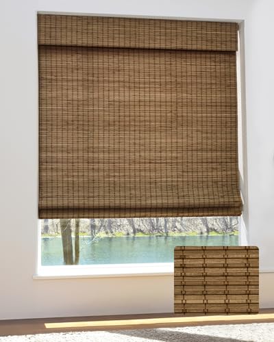 UNISHADES Cordless Bamboo Roman Shades, 34×64 in, Highfield Teak | Wide Bamboo Strip Weaving Technique, High light-blocking capacity, High Level of Privacy Protection