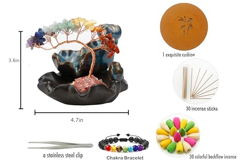 Dreamgirnh Chakras Backflow Incense Burner, Crystal Tree Incense Waterfall Fountain, Cone Incense Holde, Living Room Shelf Aesthetic Decor