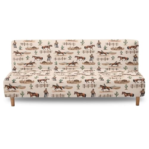 Cowboy Horse Armless Futon Cover Elastic Couch Cushion Cover Removable Futon Sofa Bed Slipcover Adjustable Furniture Protector for Home Living Room Decorations