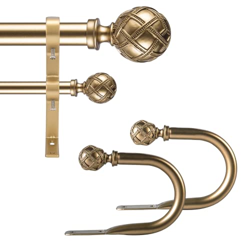 Ycolnaefllr 1 Inch Diameter Double Curtain Rod Set for Windows Heavy Duty Double Window Treatment Curtain Rod Adjustable from 48 to 84 Inch, Resin Finials with Curtain Holdbacks,Gold