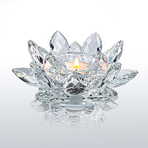 Crystal Lotus Flower Tealight Candle Holders/Glass Tea Light Candlestick Decor Decoration for Christmas Home Wedding Party… (Clean 1pc)