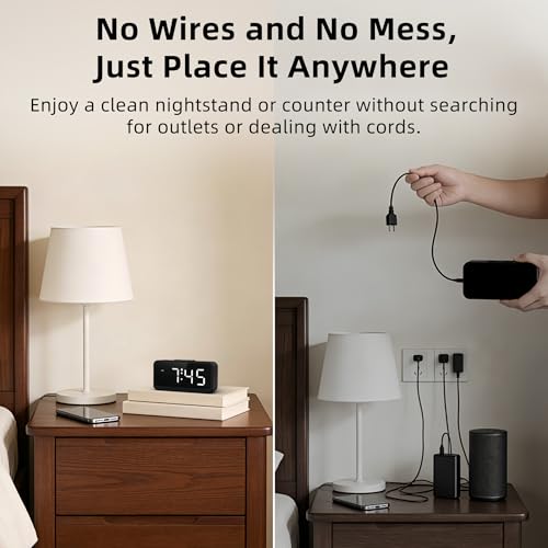 Battery Operated Small Alarm Clock: Digital Compact Large Display Cordless Clock for Bedroom Travel - Simple to Use for Seniors Teens White Digits