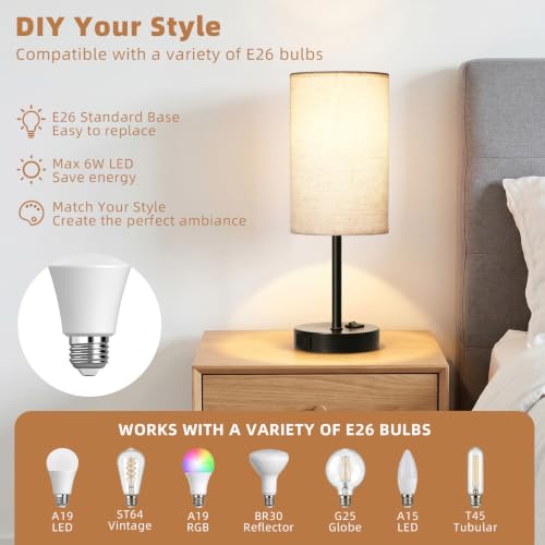 ZJOJO Table Lamp for Bedroom Set of 2, Bedside Small Lamps with 3 Way Dimmable Rocker Switch and AC Outlet, Nightstand Desk Lamp with Flaxen Fabric Shade Black Base for Living Room Home Decor Lights