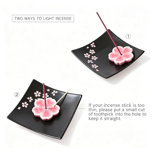 Japanese Ceramic Handmade Cute Cherry Blossom Incense Stick Holder or Incense Burner Holder, Unique Ash Catcher Inscent Tray and Decorative Gift, Home Decor 3.94 inches, Square Pink