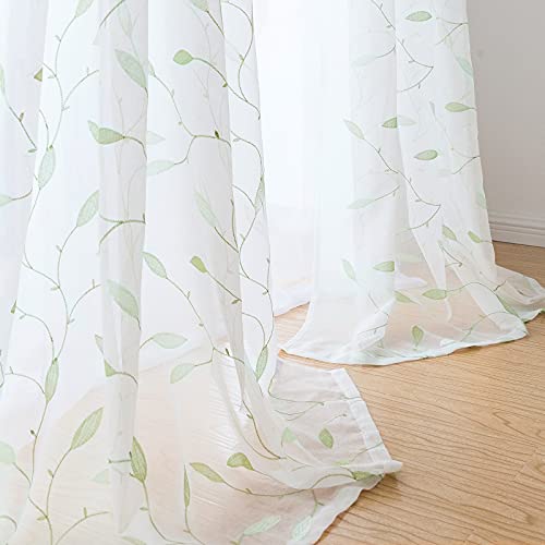 Lazzzy Embroidered Sheer Curtains Floral Leaf White Sheer Curtain for Bedroom Living Room Kitchen Rustic Voile Drapes Privacy Window Treatment Set of 2 Panels 96 Inches Long Grommet Top Green on White