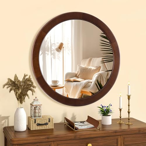 CULER Round Wood Mirror 24 Inch,Circle Mirror with Walnut Frame for Wall,Rustic Decorative Round Wall Mirror for Bathroom Bedroom Entryway（Walnut Brown）