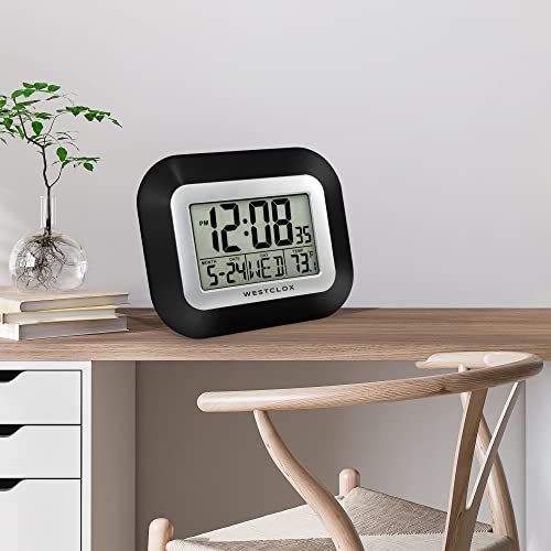 Westclox Large Digital Wall Clock Battery Operated with Temperature Date and Day of Week with Alarm | Modern Digital Desk Clock for Office Kitchen Bedroom or Living Room | Black