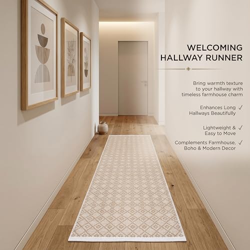Cotton Diamond Woven Runner Rug 2x6 Feet - Beige, Non Slip Super Soft Farmhouse Space Patio Throw Carpet Ideal for Hallways, Kitchen, Living Room | Neutral Large Bedroom Area Décor Floor Décor Mats