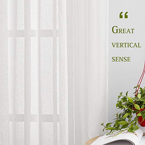 NICETOWN Linen Sheer Curtains 96 inches Long for Living Room, Bedroom Curtains 2 Panels Set Grommet Semi Sheer Privacy with Light Filtering Flax Open Linen Weave Drapes, W52 x L96, White