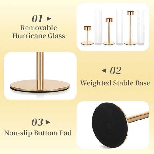 Hewory Gold Hurricane Candle Holders: 12 PCS Tall Taper Candlestick Candle Holders Bulk for Candlesticks Candle Sticks Holder Decor for Table Centerpiece Wedding Party Christmas Decorations