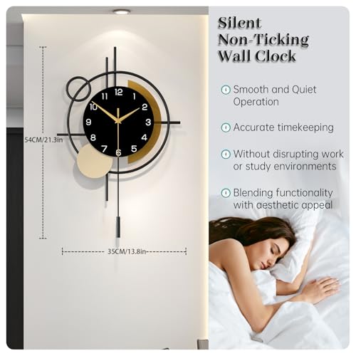 Wall Clock for Living Room Decor Decorative Wall Clock with Pendulum Silent Quartz Battery Operated Black Metal Large Clock for Dining Room,Kitchen,Home,Bathroom,Bedroom,13.8x21.3 in