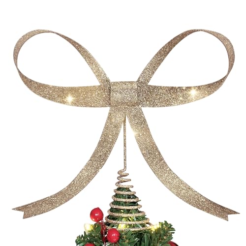 Large Metal Bow Christmas Tree Topper,9.4 Inch Glitter Champagne Gold Tree Topper,Champagne Gold Bow Christmas Tree Decorations for Xmas Home Decor Holiday Party Indoor Outdoor Shop Office