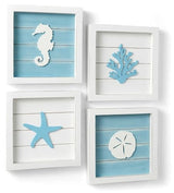 Tide and Tales Coastal Wall Art (Framed Set of 4) Beach Bathroom Wall Decor with Starfish, Seahorse, Sand Dollar and Coral - Ocean Theme Turquoise Room Decor - Seashell Beach Decorations for Home 7" x 7"
