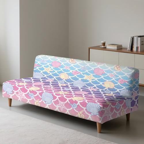 Xoenoiee Futon Slipcover Armless Futon Bed Sofa Cover Furniture Protector with Elastic Bottom, Soft and Washable Futon Covers for Sofa Bed, Mermaid Scale Starfish Shell Conch
