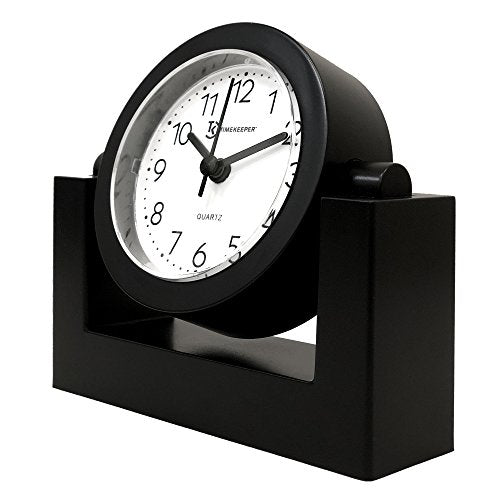 Timekeeper Small Desktop Swivel Clock for Desk, Battery Operated, 6.75" Wide x 2" Tall, Black Frame White Face