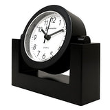 Timekeeper Small Desktop Swivel Clock for Desk, Battery Operated, 6.75" Wide x 2" Tall, Black Frame White Face