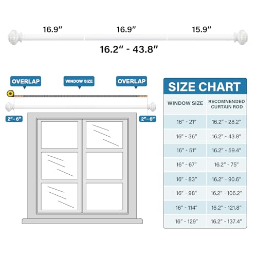 Turquoize 2 Pack Adjustable Window Curtain Rods, 16.2 to 43.8 Inch, White with Classic Finials