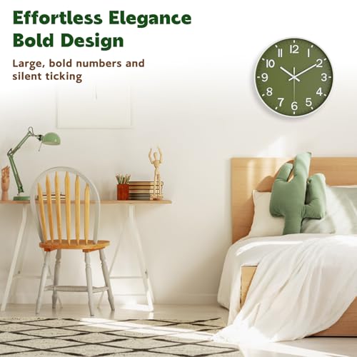 Silent Wall Clock Non-Ticking Battery Operated – Modern Olive Green Analog Wall Clock for Living Room, Kitchen, Office, Bedroom – Stylish Home Wall Decor Clock, 8 Inch
