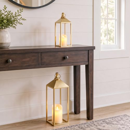 Set of 2 Decorative Lanterns with Candles, Gold Metal Lanterns Decor