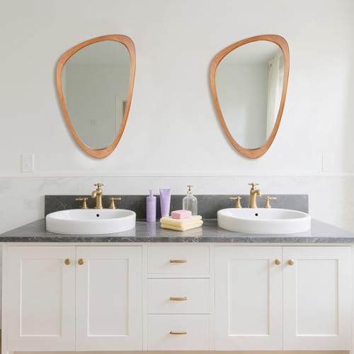 Irregular Wall Mirror Asymmetrical Bathroom Mirror, 19 x 30 Inch Wall Mounted Decorative Mirror with Wooden Frame for Living Room, Vanity, Bedroom, Entryway, Hallway