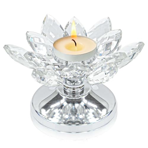 1 PC Silver Crystal Flower Tea Light Holder, Glass Tealight Candlestick with Metal Base, Votive Candle for Table Centerpiece, Wedding/Parties Decor, Nice Gift
