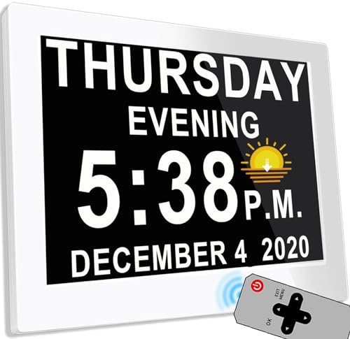 MASSII 8 Inch Extra Large Upgraded Dementia Clock 19 Alarms with Auto DST, 20 Custom Reminders,10-Level Auto Dimmer, 6 Display Modes, Digital Clock with Date and Time, 8" White with Remote