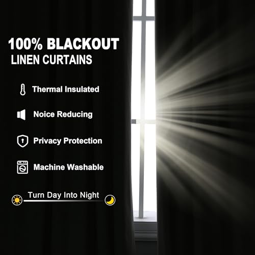 Cream Linen Blackout Curtains 84 Length 2 Panels Set for Living Room Bedroom, 100% Black Out Thermal Insulated Linen Drapes, Room Darkening Grommet Curtains 84 Inches Long Natural Beige