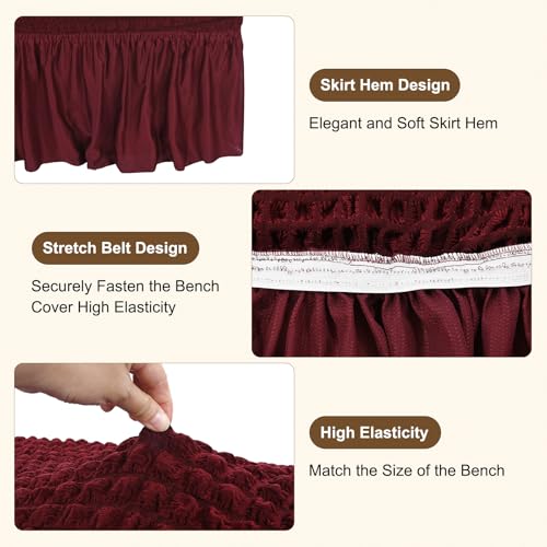 M METERXITY Stretch Dining Bench Cover with Skirt, 31-51" Polyester Soft Seersucker Bench Slipcover Covers Removable Washable for Banquet/Bedroom/Piano Red Wine, Medium