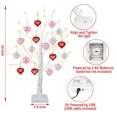 [Timer] Valentines Decor 24 Inch Valentines Decorations Lighted Tree with 18 Heart Ornaments, USB/Battery Operated Valentines Decor Tree Light, Valentines Decorations for Home Table Bedroom