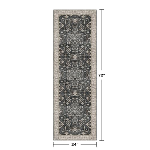 Black Boho Washable 2x6 Runner Rugs for Hallway Kitchen Bedroom Beside Laundry Room Bathroom Rug, Pet & Kids Friendly, Non Slip Low Pile Stain Resistant Soft Foldable Long 24 x 72 Floor Carpet