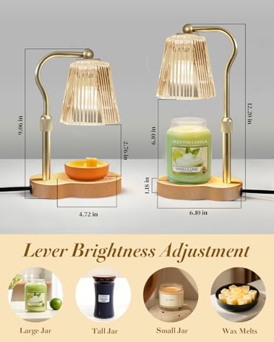 Candle Warmer Lamp, Wax Melt Warmer with 2 Bulbs for Scented Jar Candles, with Timer Dimmer Adjustable Height, Home Decor Gift for Girl Friend Mom Sister Women, No Flame No Smoke Warming Light, Amber