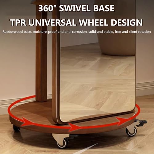 Floor-Standing Solid Wood Rotating Coat Rack，Rustic Wood Full Length Mirror with Coat Rack 360° Rotatable Standing Mirror and Coat Hanger for Bedroom and Living Room Roller Version