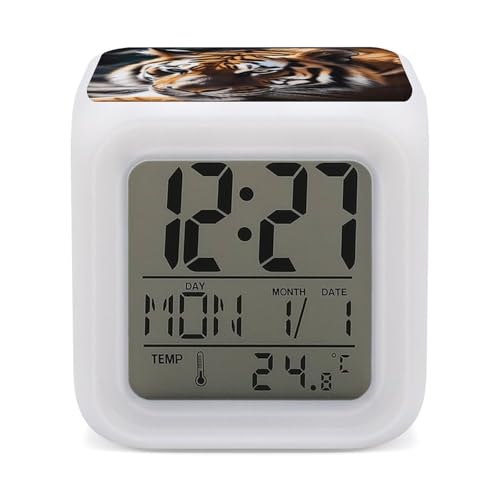 Wild Animal Tiger Alarm Clock with 7 Color Changing Night Light, Kid Wake Up Alarm Clocks with Snooze, Date, Temperature, Digital Bedside Clock for Room Office Decor