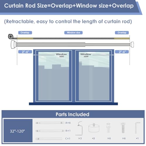 Curtain Rods for Windows 66 to 120 Inch(5.5-10 Feet),Black 1'' Diameter Drapery Rods with End Cap Style Design,Modern Adjustable Heavy Duty Curtain Rod,Size:32''-120''