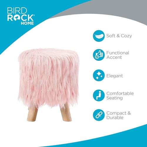 BIRDROCK HOME Small Faux Fur Foot Stool Ottoman – Upholstered Vanity Chair with Natural Wood Legs - Soft Compact Padded Seat or Accent Chair for Makeup Room, Living Room or Bedroom (Pink)