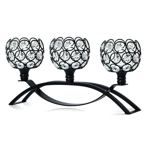Crystal Tealight Candle Holder Centerpiece Home Decorative Candlestick Holder Elegant Table Centerpiece Home Decor Wedding Party Anniversary (Black, 3 Arm)