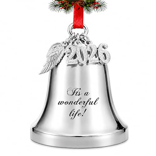 JUPPE 2026 Silver It's A Wonderful Life Christmas Bell Ornament for Christmas Tree Wedding Anniversary Decoration with Angel Wings, Hanging Bell for Door Opening, Crafts & Holiday Decor (Silver Bell)