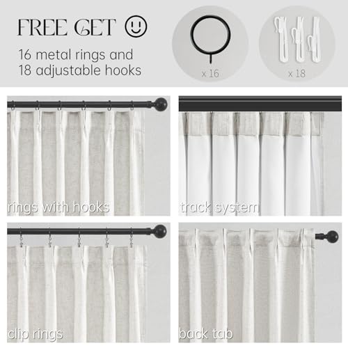 Topfinel Pinch Pleated Curtains 96 Inch Long, 100% Blackout Thermal Insulated Natural Linen Pinch Pleat Viral Drapes with Hooks Rings 2 Panel Sets, Neutral Beige Ivory 8FT Back Tab Window Curtains
