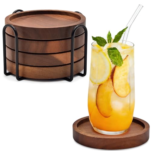 Wood Drink Coasters with Holder, Set of 4, Natural Absorbent Wooden Coasters for Drinks, Modern Rustic Farmhou