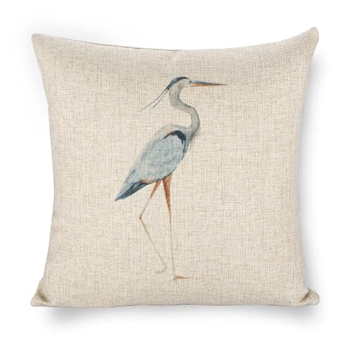 Linen Throw Pillow Covers Blue Egret on Coastal 18x18 Decorative Pillows for Bed Couch Cushion Sofa Outdoor