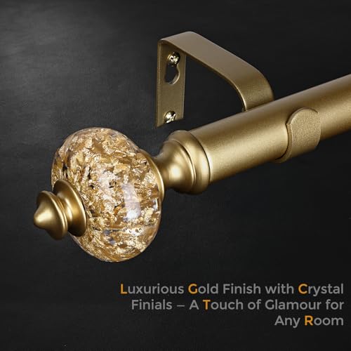 Gold Curtain Rod for Windows 66 to 120 Inches, 1'' Heavy Duty Adjustable Modern Drapery Rods with Unique Crystal Finials, Luxury Decorative Curtain Rods, Size: 30-120''