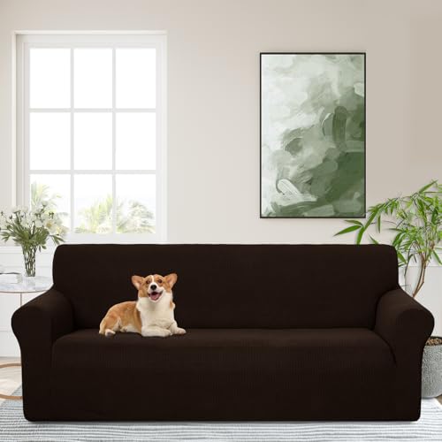 Stretch Couch Cover Washable Sofa Slipcover Furniture Protector with Non Skid Foam and Elastic Bottom for Kids, Dog(Large/Chocolate)