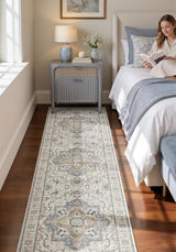 3x8 Non-Slip Washable Kitchen Vintage Runner Rug, Beige Blue