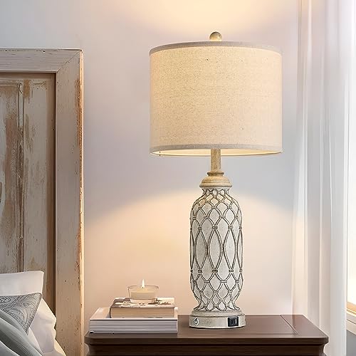 Farmhouse Table Lamps for Bedroom Set of 2, 28" Rustic Bedside Lamp with USB Ports, 3-Way Dimmable Nightstand Table Lamp for Living